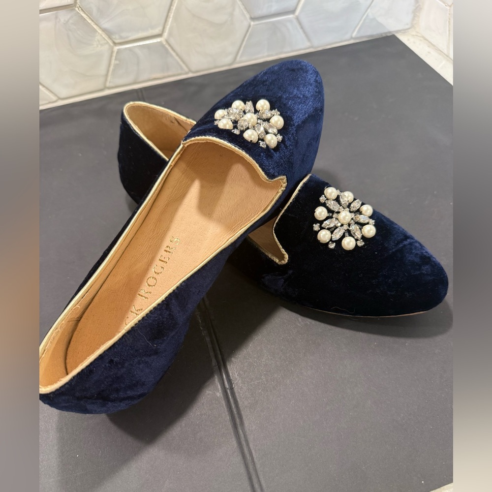Jack Rogers Jeweled Rondelle Loafer Sz 6 Blue Velvet Rhinestone Pearl Stunning - Picture 8 of 10